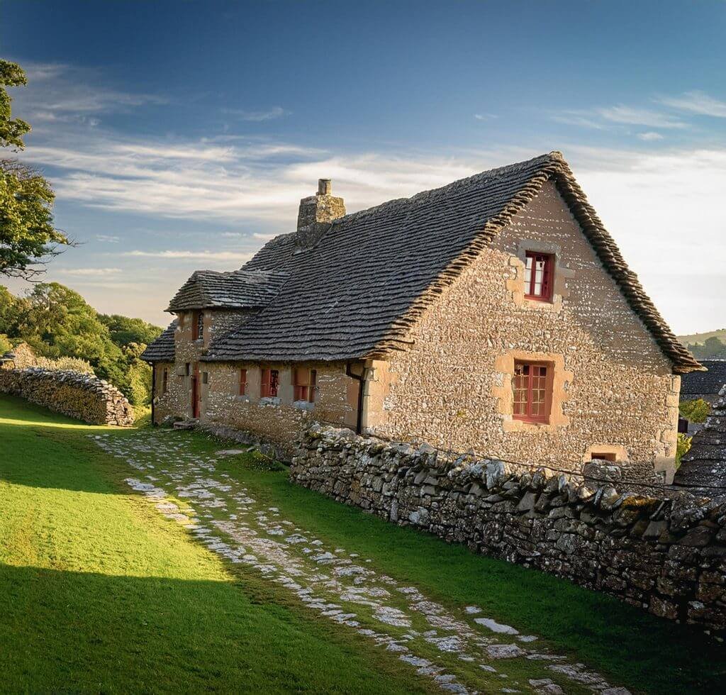 Casa de piedra en el campo Casa de piedra rústica en un entorno rural con techo de tejas y paredes de piedra, rodeada de vegetación y un camino de piedra, reflejando el encanto y la durabilidad de las viviendas tradicionales en el campo.