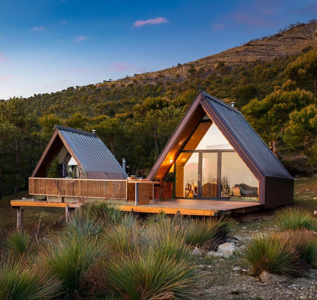 Cabañas sostenibles fusionadas con el entorno Imagen de una cabaña de madera en un entorno rural, rodeada de naturaleza, con techo a dos aguas y un pequeño porche frontal, ideal para vivir en el campo y disfrutar de un estilo de vida simple y conectado con la naturaleza.