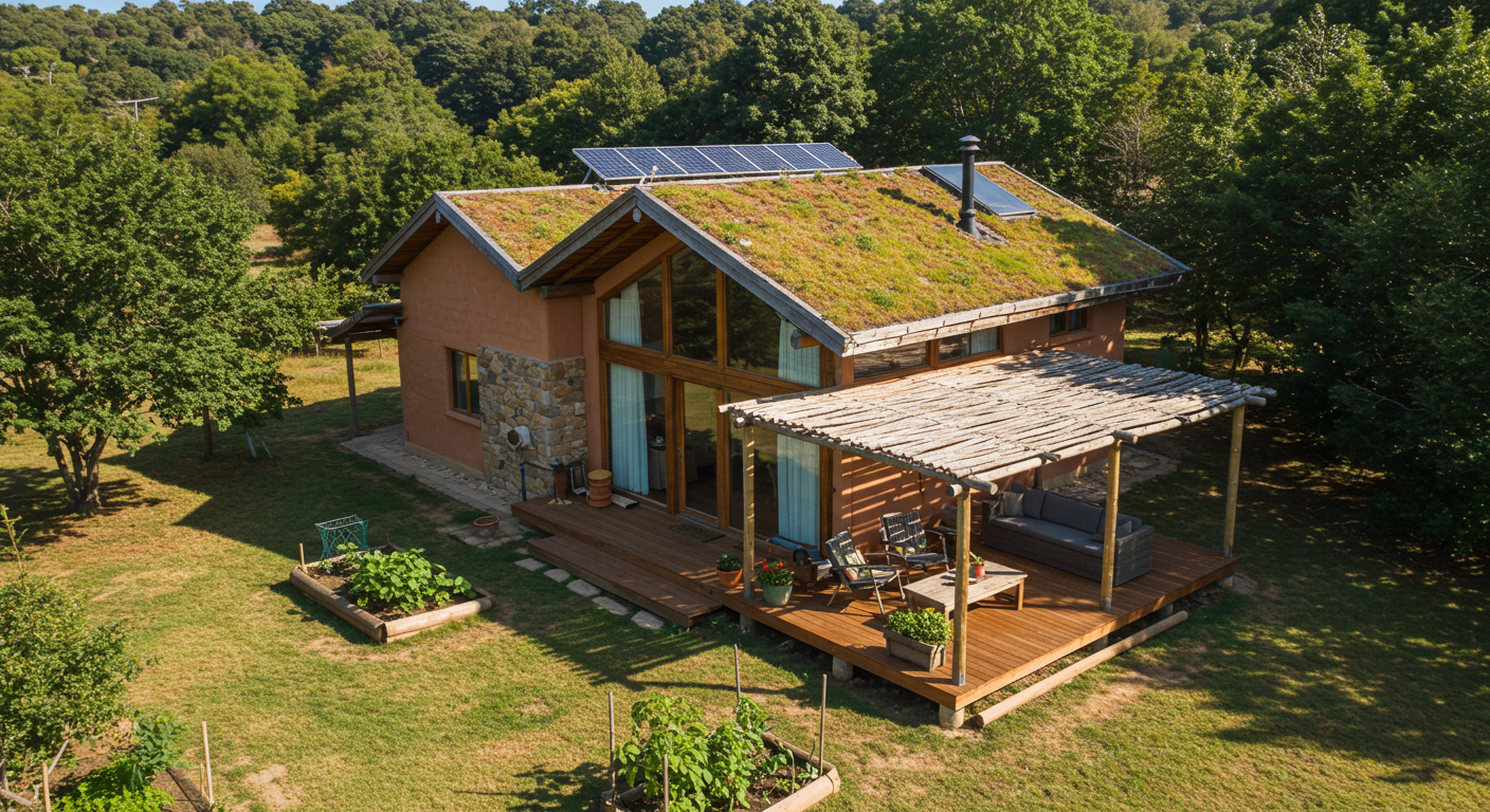 Vista de una villa ecológica moderna, con paneles solares en el techo, jardines sostenibles y materiales de construcción naturales, rodeada de un entorno verde y natural.
