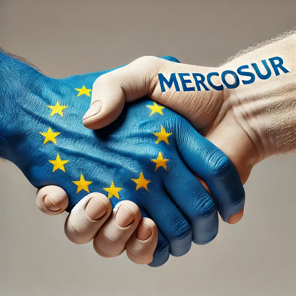 Acuerdo comercial entre la Unión Europea y Mercosur, simbolizado por un apretón de manos que representa la colaboración en comercio agrícola y maquinaria.