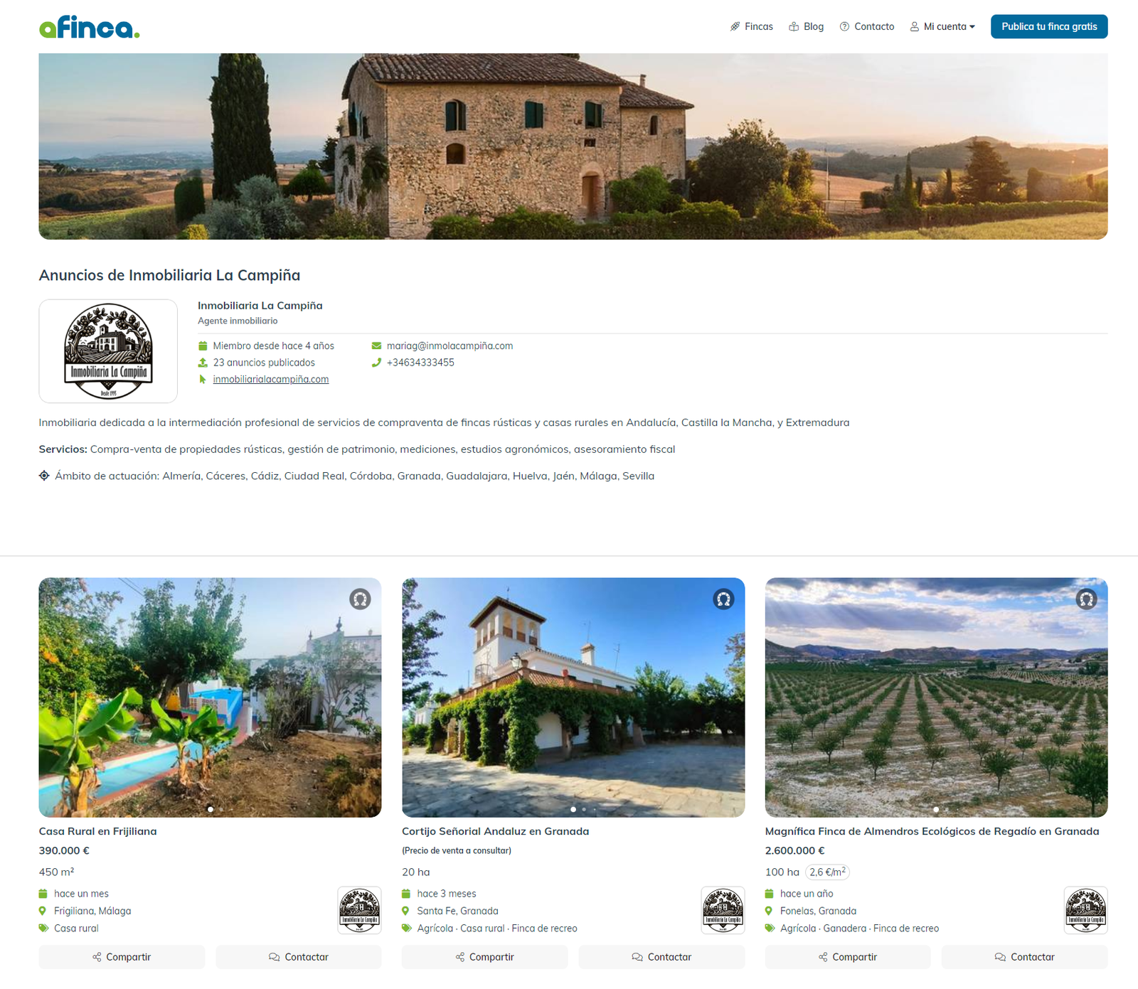 Perfil profesional de un portal web especializado en fincas rústicas y propiedades rurales