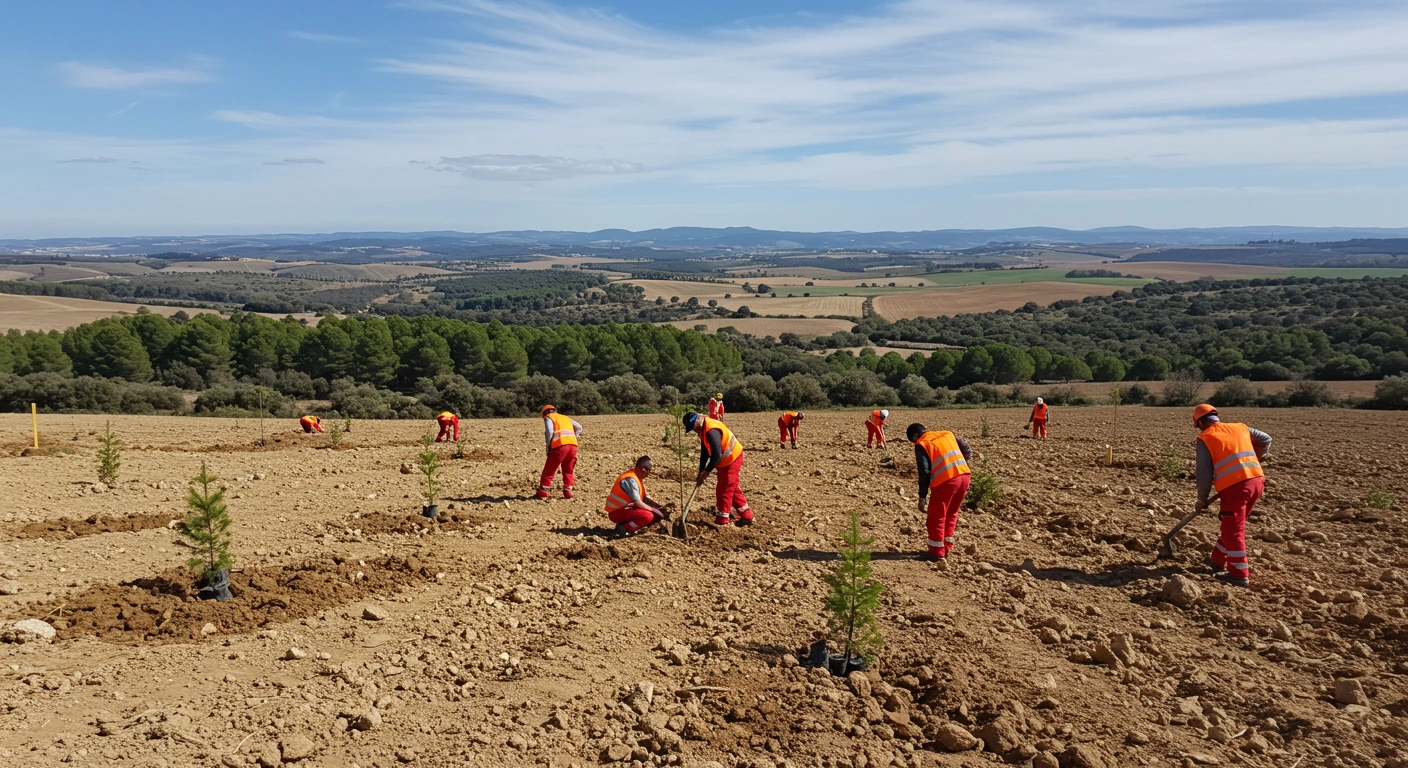 Grupo de trabajadores plantando árboles jóvenes en una finca rural con vistas a colinas arboladas, como parte de un proyecto de compensación de CO₂ en España.