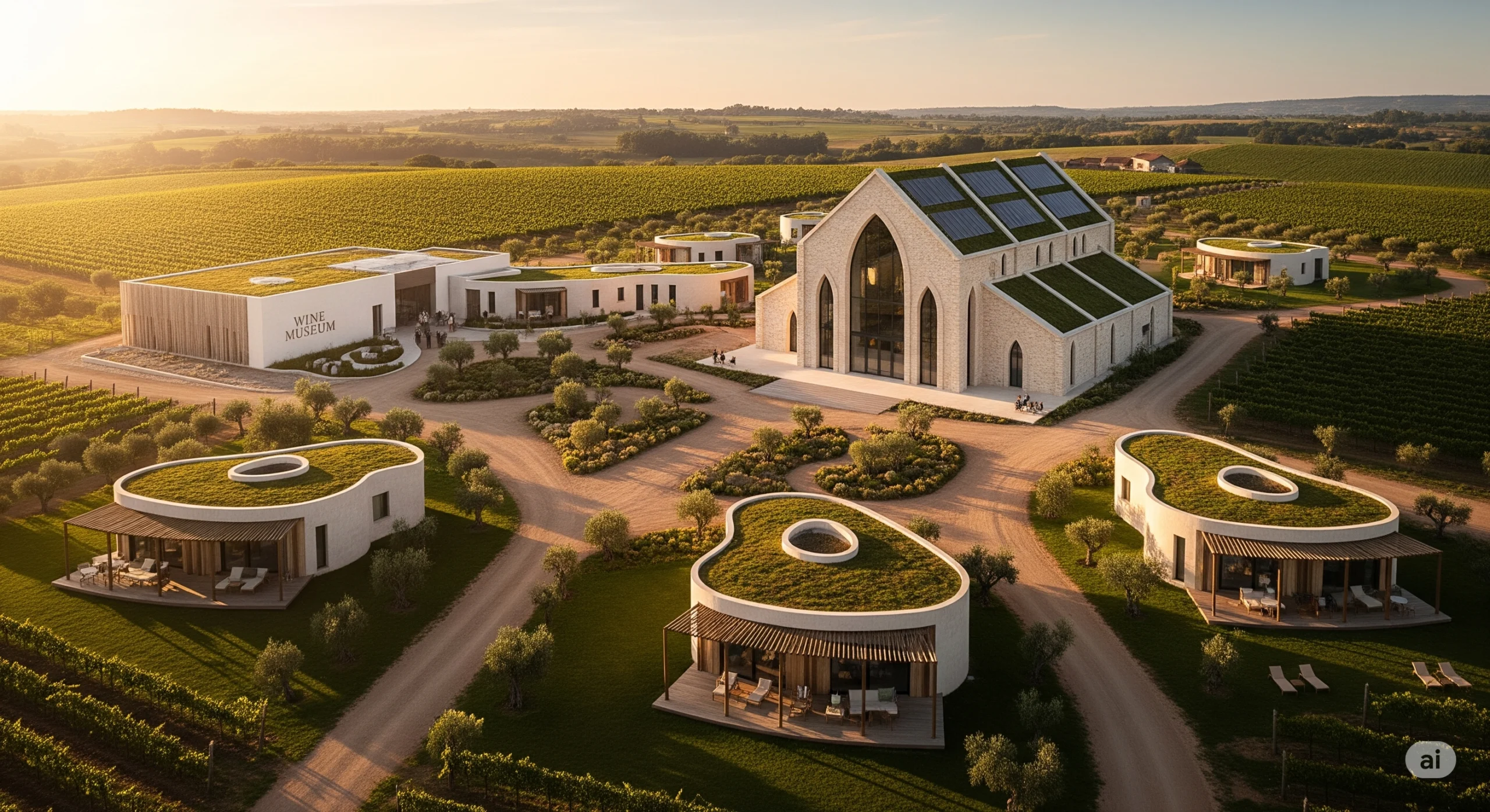 Imagen de una finca revalorizada con bodega de diseño, museo del vino y bungalows ecológicos entre viñedos, como modelo de revalorización de fincas rústicas.