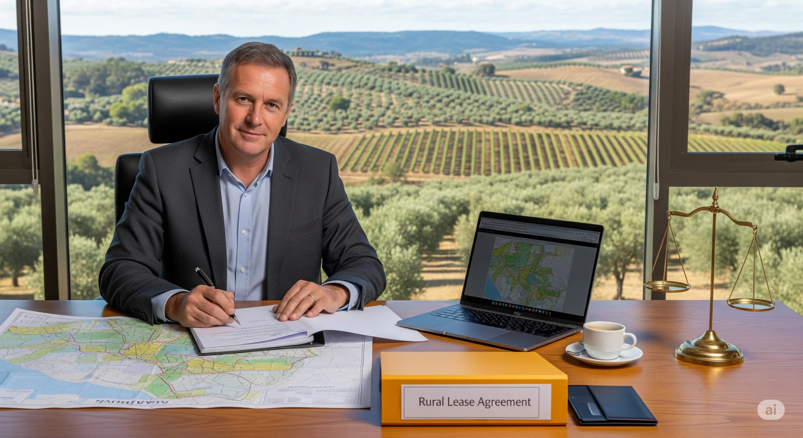 Abogado experto en derecho agrario revisando documentos legales sobre una finca rústica, con vistas a campos de cultivo desde su oficina.