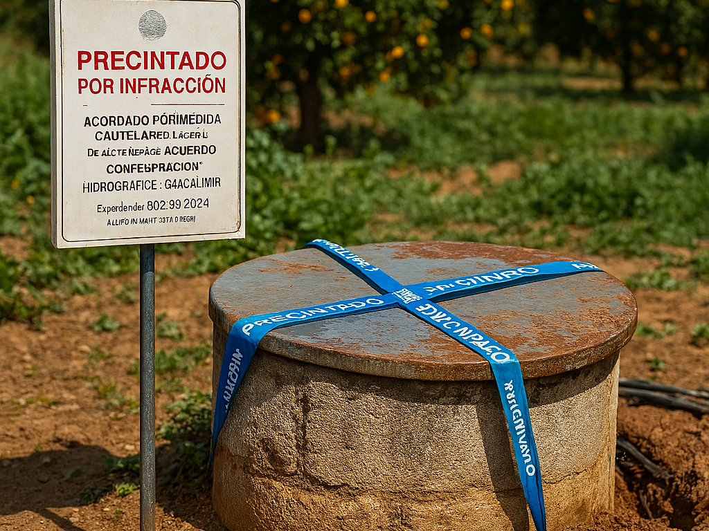 Pozo precintado en una finca agrícola con cartel oficial por infracción hidráulica, cinta azul de la Confederación Hidrográfica y árboles de cítricos al fondo