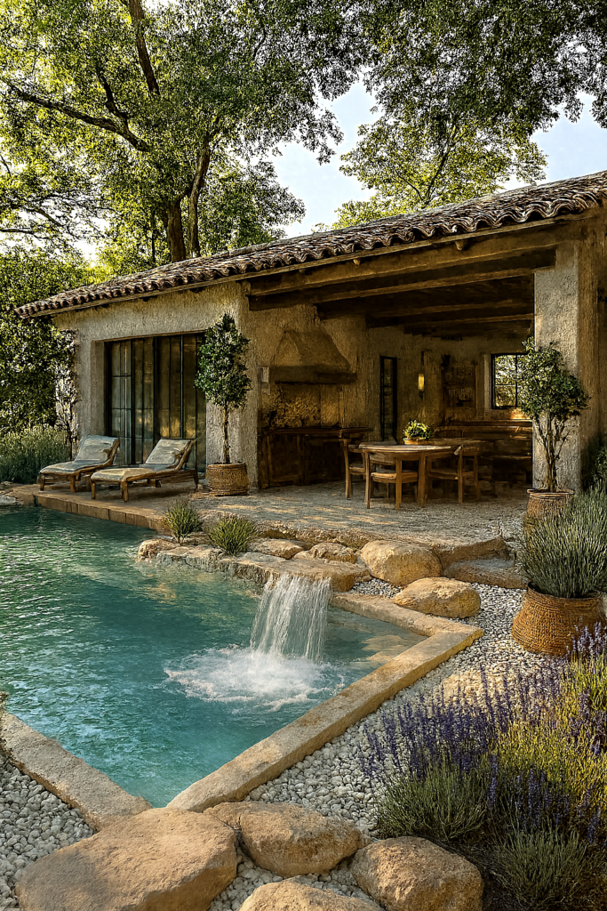Imagen hiperrealista de una finca rústica rehabilitada con estilo moderno: fachada de estuco, cubierta de teja árabe, porche de madera con cocina exterior, piscina con cascada y entorno ajardinado con lavandas y árboles autóctonos.
