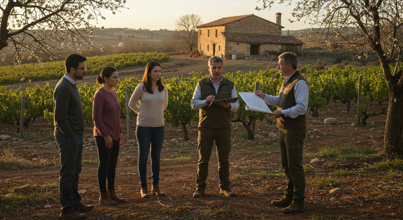 Ingeniero agrónomo explicando a una familia la tasación de una finca rústica con viñedos