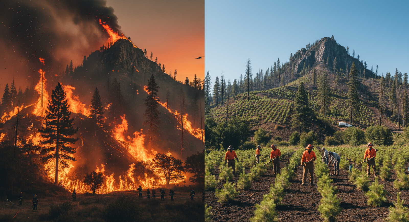 Contraste visual de los incendios forestales en España: A la izquierda, un monte en llamas y la devastación del fuego. A la derecha, un equipo de reforestación plantando nuevos árboles con equipos de protección individual (EPIs), simbolizando la recuperación y prevención.
