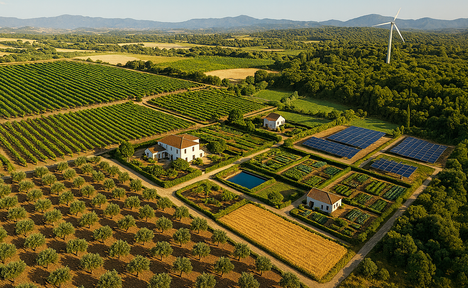 Vista aérea hiperrealista de una finca rústica en España con olivares, viñedos, huerta ecológica, cereal, casas rurales, placas solares y balsa de riego, mostrando los factores que influyen en el precio de una finca rústica en 2025.