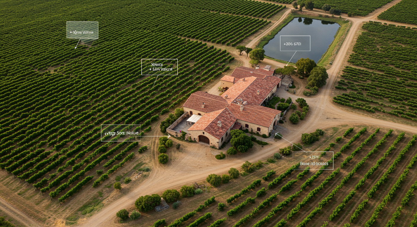 Fotografía aérea detallada de un viñedo con bodega, mostrando una guía visual para la tasación de fincas rústicas. Incluye etiquetas de valoración de viñas, bodega, agua y accesos, ideal para la valoración de propiedades agrícolas y el proceso de tasación de fincas rústicas y fincas vinícolas.