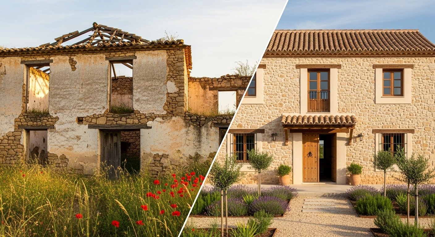 Rehabilitación de ruina en Andalucía: Imagen de una casa rural de piedra derruida (antes) y reformada (después) con estilo arquitectónico propio, mostrando la transformación.