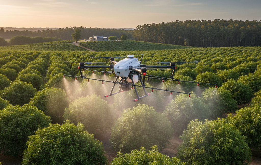 dron agrícola pulverizando cultivos en una explotación española al amanecer, representando el uso profesional de UAS en agricultura en 2025