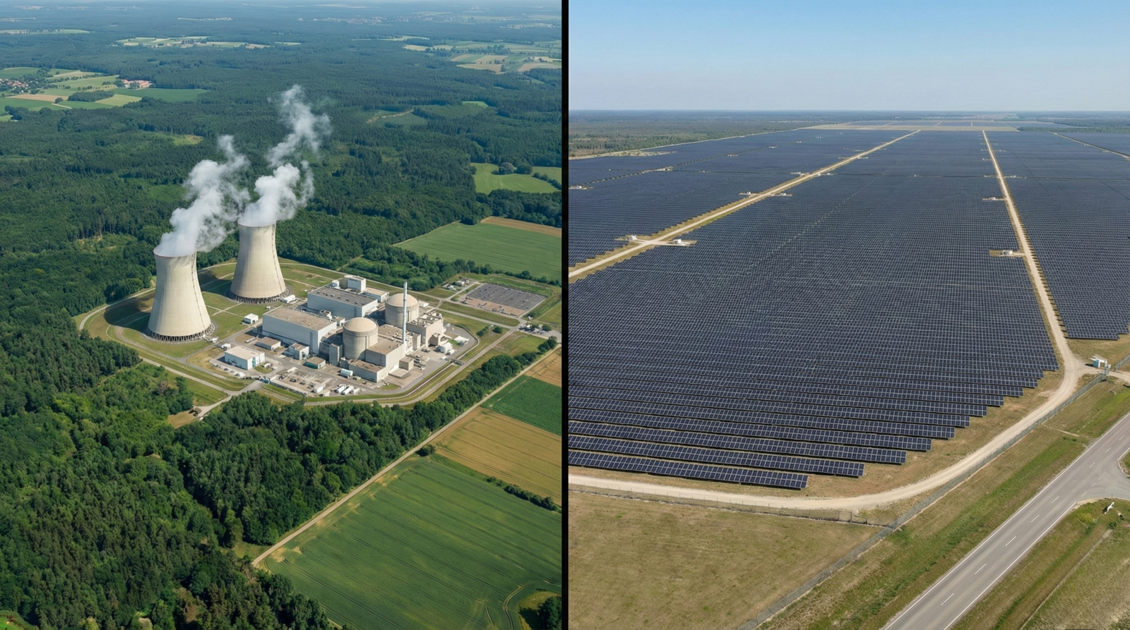 Vista aérea comparativa a pantalla dividida (Split-screen). A la izquierda: una planta de energía nuclear compacta rodeada de bosque verde. A la derecha: una macroplanta solar fotovoltaica masiva cubriendo todo el horizonte. Ilustración visual de la densidad energética y la ocupación de suelo.