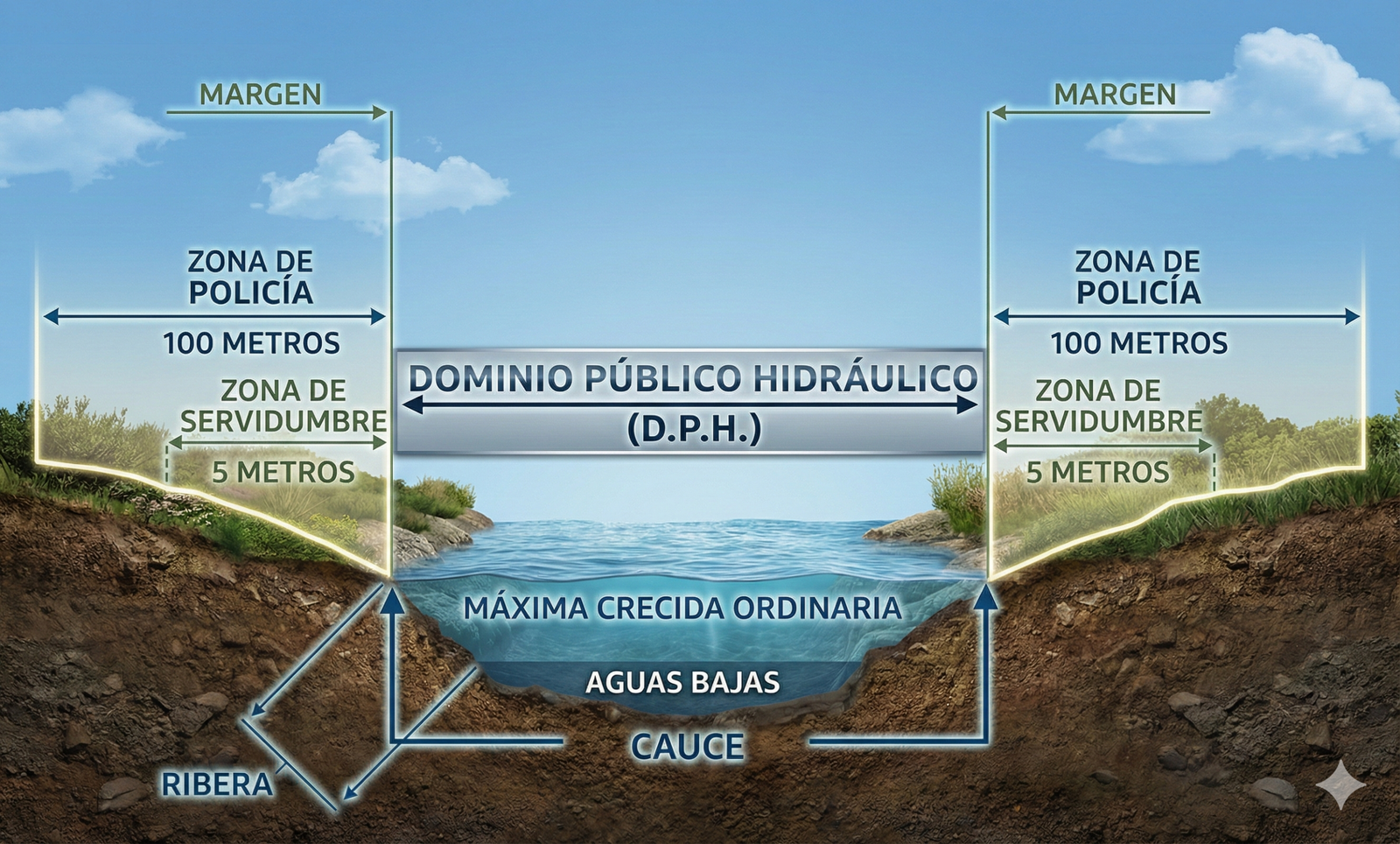 Diagrama de sección transversal que ilustra los límites legales de un río en España. Muestra el cauce (aguas bajas y máxima crecida ordinaria), la ribera, y las franjas de protección externas: la zona de servidumbre de 5 metros y la zona de policía de 100 metros, definiendo el Dominio Público Hidráulico (D.P.H.).