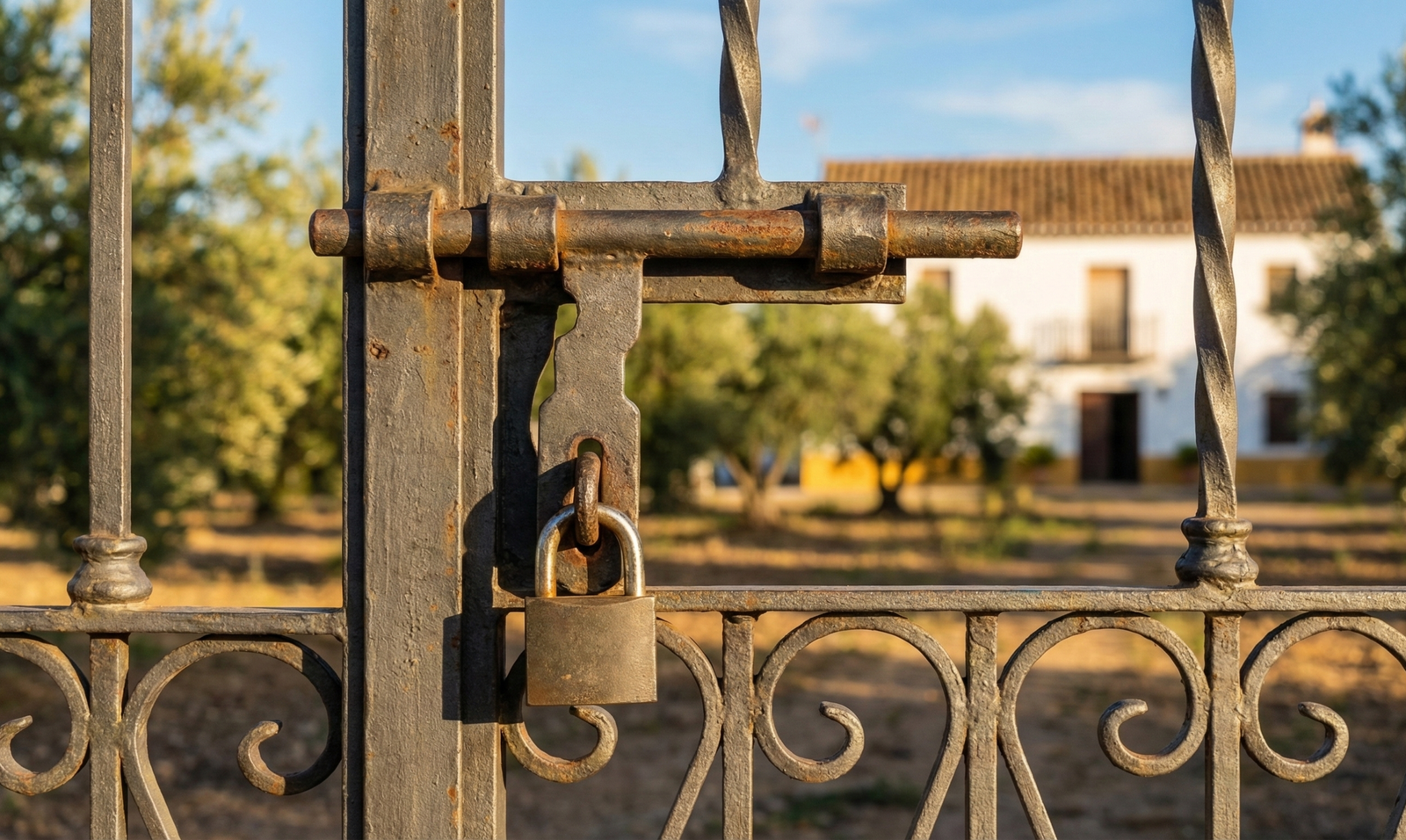 Candado y cerrojo cerrado en una puerta de forja andaluza con un cortijo rústico de fondo, representando el bloqueo de una herencia de finca rústica entre hermanos.