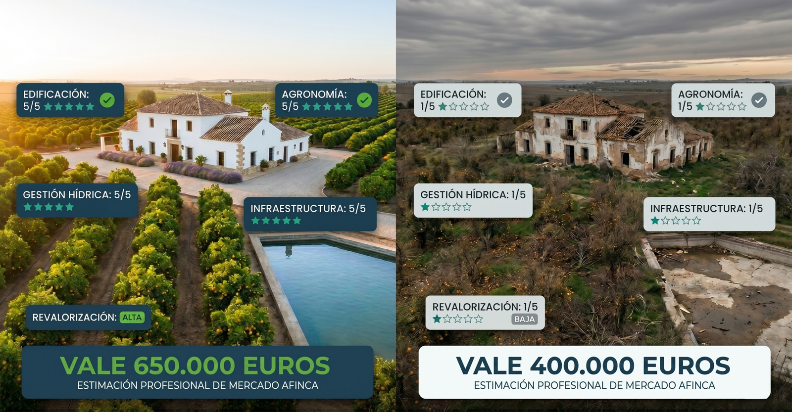 Paisaje agrícola que ilustra los factores que determinan la estimación de una finca rústica, como los recursos hídricos y las infraestructuras.