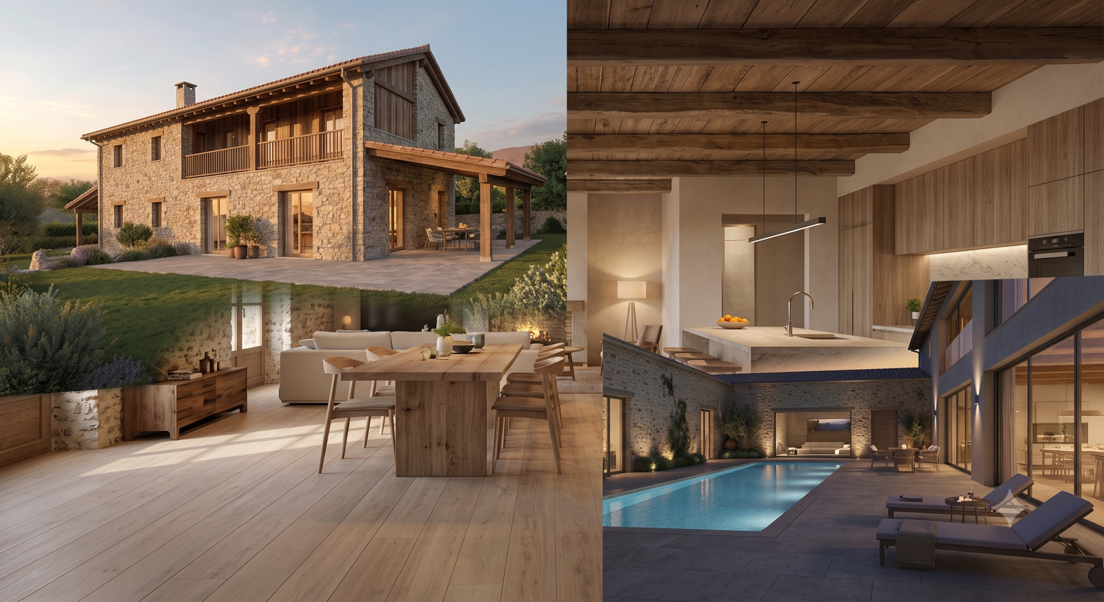Render 3D fotorrealista de la casa rural tras el diseño y reforma arquitectónica